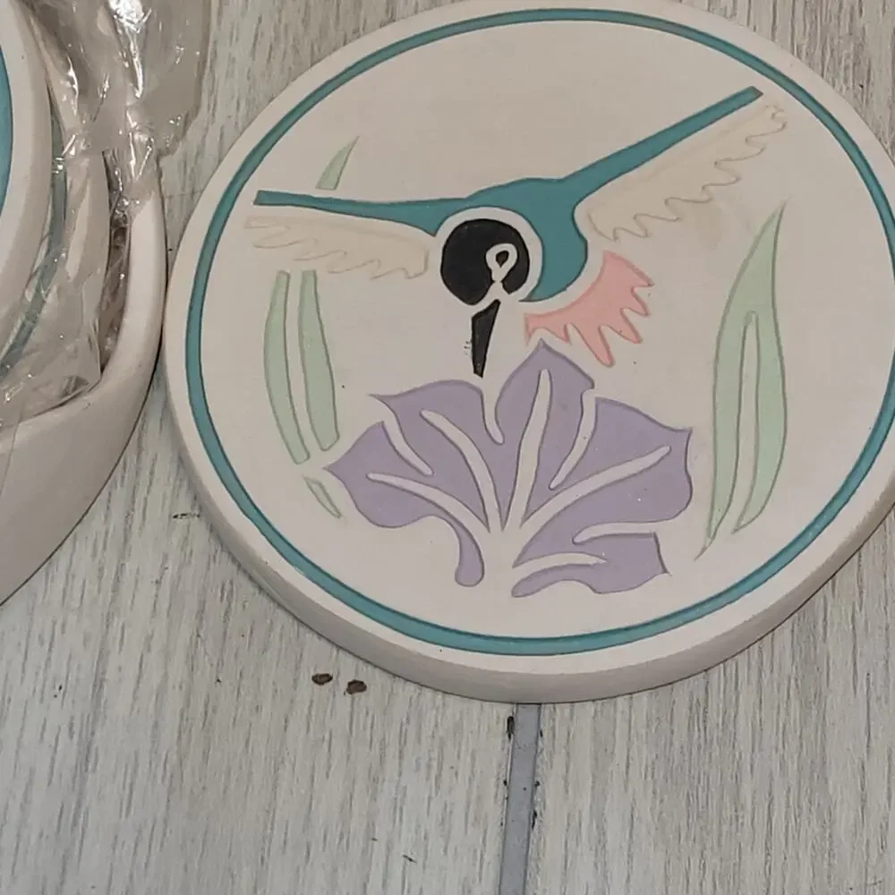 Vtg Southwestern Hummingbird Ceramic Coaster Set Of 4 NWOT Coastal Boho